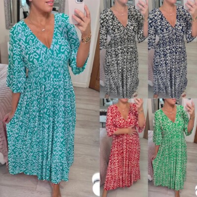 Women Ladies Maxi Long Dress V Neck Summer Beach Sundress Party Bohemian