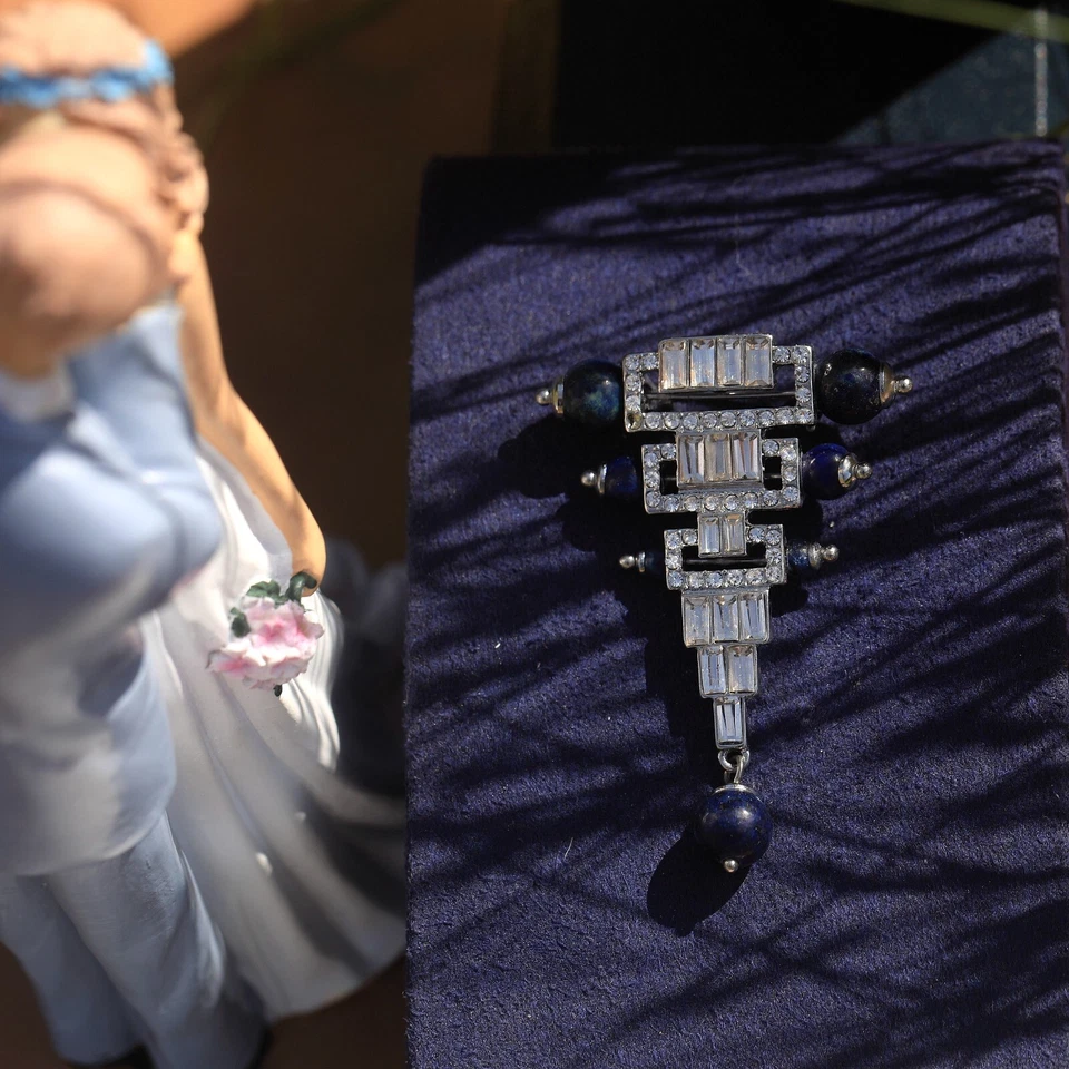 Art Deco Triangle Pearl Lapis Lazuli Blue Silver Plated 925 Silver Brooch QD10 - Image 3 of 4