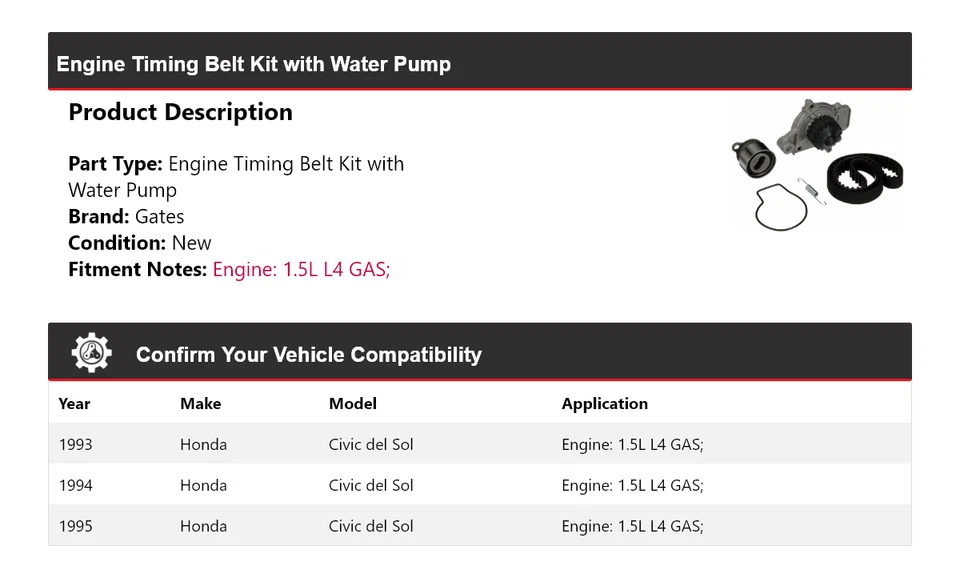 Kit de correa de distribución del motor Honda Civic del Sol 1993-1995 con puertas de bomba de agua Foto 2 de 4