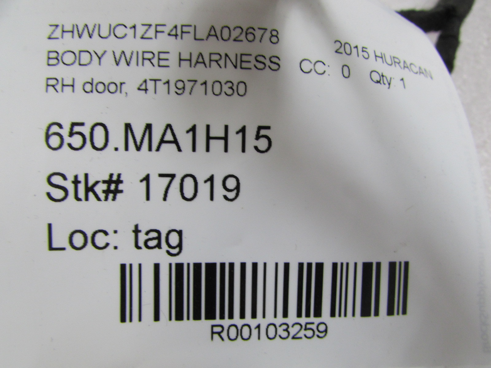 Lamborghini Huracan, RH, Right Door Wire Harness, Used, P/N 4T1971030
