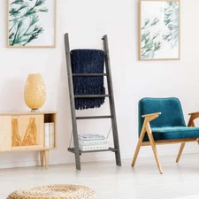 Vintage Gray Solid Wood Towel or Blanket Ladder Rack with Bottom Storage Shelf