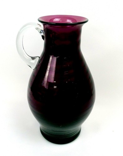 STUDIO ART GLASS AMETHYST RING OPTIC CLEAR HANDLE HEAVY 10 3/8" PITCHER - Picture 2 of 11