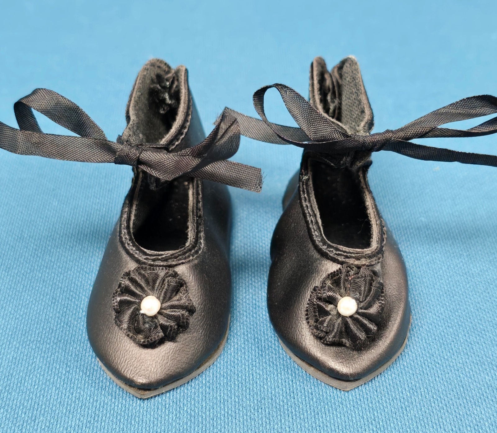 Black Doll Shoes w/Rosettes for French or German Antique Doll 1  1/4