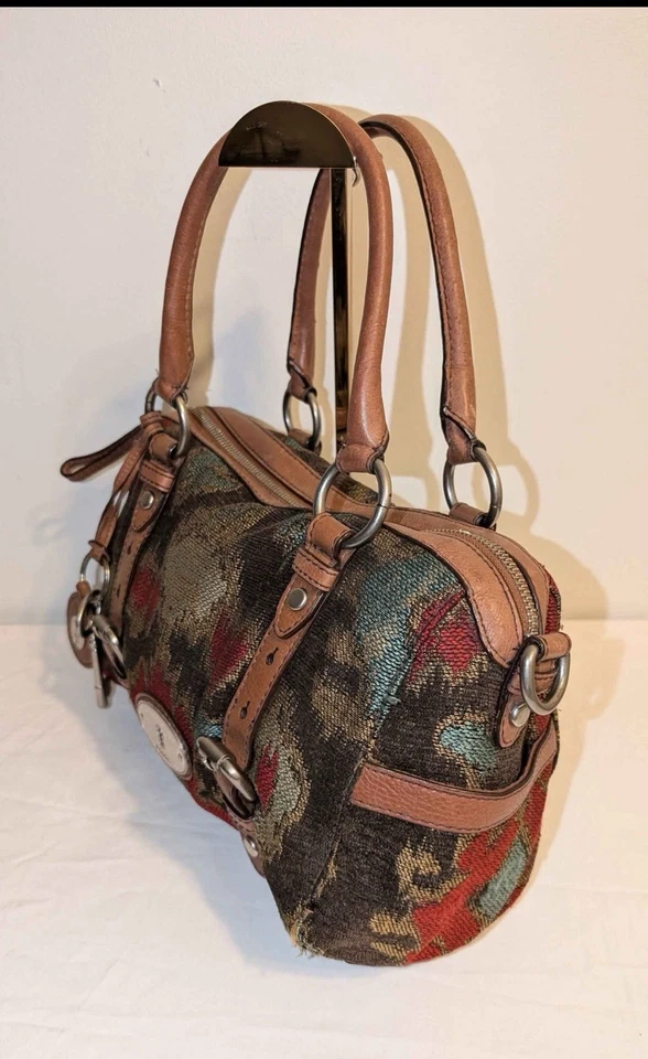 FOSSIL Vintage Maddox Tapestry Carpet Leather Handbag Satchel Purse Bag - Image 4 of 4