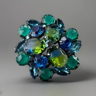Vintage Kramer NY Sapphire Blue Emerald Green Watermelon Dome Rhinestone Pin
