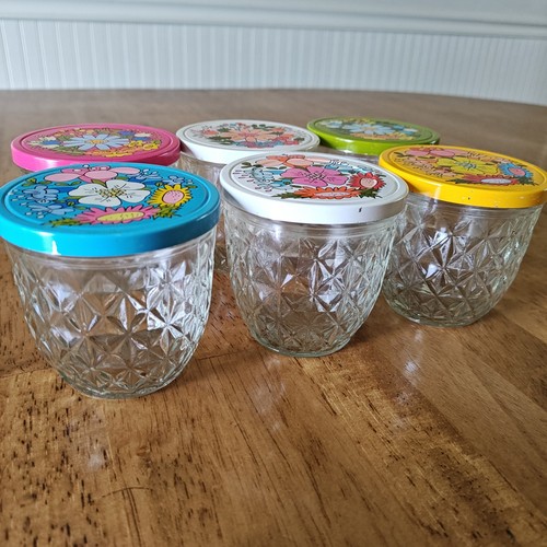 6 Vintage Ball Jars Quilted Crystal Jelly Glasses Metal Flower Lids 70s Retro 