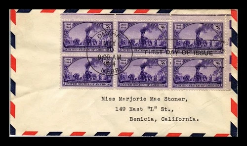 US COVER TRANSCONTINENTAL RAILROAD FDC SCOTT 922 BLOCK HAND CANCEL AIR MAIL
