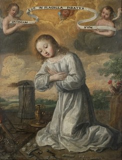 17th CENTURY FLEMISH OLD MASTER OIL PANEL CHRIST CHILD & INSTRUMENTS OF PASSION