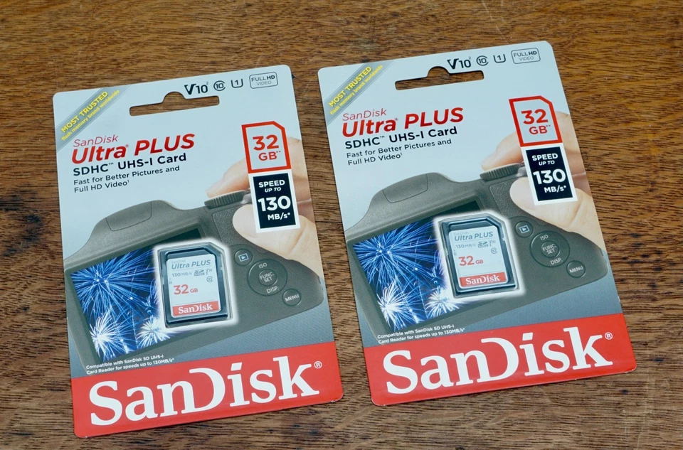 SanDisk Ultra Plus (2) ~ SDHC UHS-I. 32gb, 130mb Memory Cards. New, Sealed. - Image 1 of 1