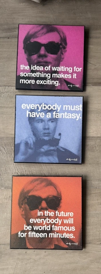 Tres impresiones de madera en capas de Andy Warhol de 9,75 x 9,75" arte pop de pared azul rosa naranja Foto 3 de 4