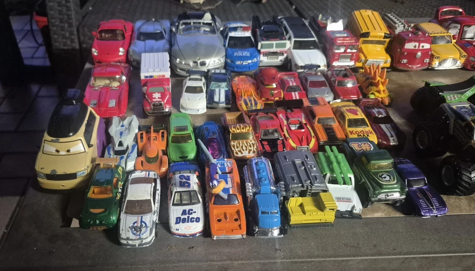 LOT OF 50+ TOY CARS TRUCK MOTORCYCLE Hot Wheels Matchbox Tonka Disney Police Bus - Image 3 of 4