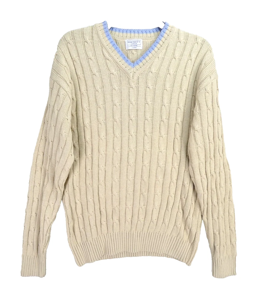 Hackett London Jumper Cable Knit V Neck Sweater Beige Vintage 90s Retro Size XL