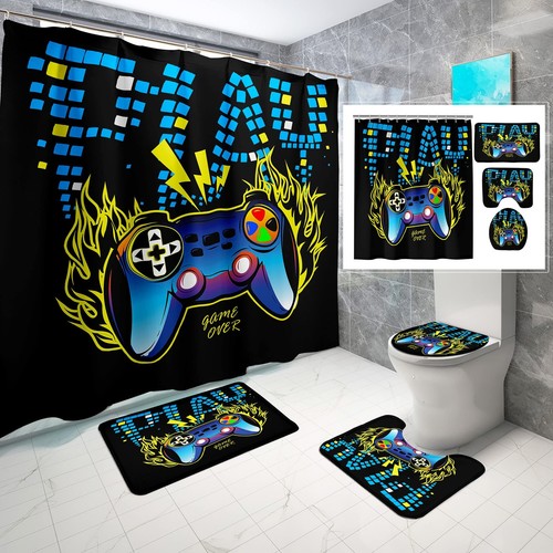 4 Piece Gaming Shower Curtain Set Video Game Controller Boys Bathroom Decor