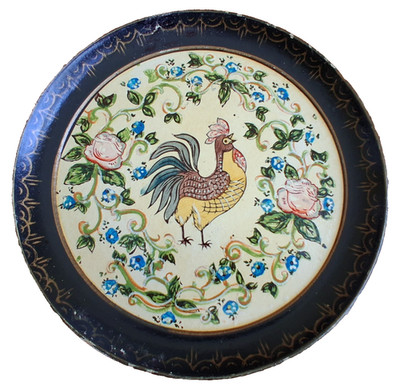 Kitchy Kitchen Hand Painted Rooster Floral Plate Tray Paper Mache MCM Art 1950s