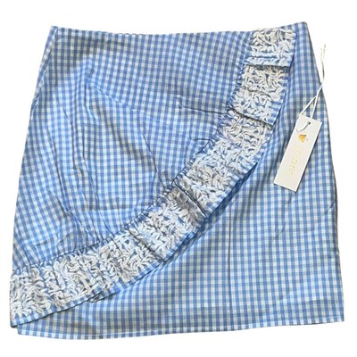 NWT J.Marie Lizzie Skirt XS Blue Gingham Check Cotton Faux Wrap Lace Lined