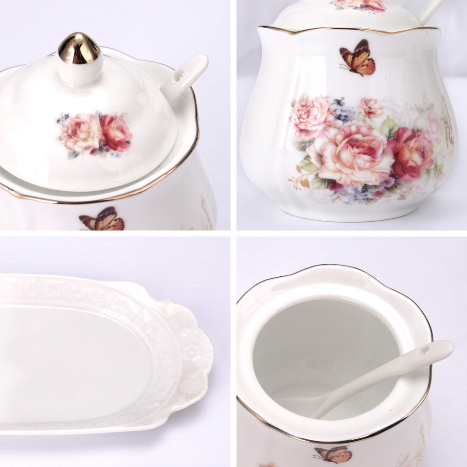 Sugar Bowl,Flower Cermica Sugar Bowl with Lid,Spoon and Tray,Coffee