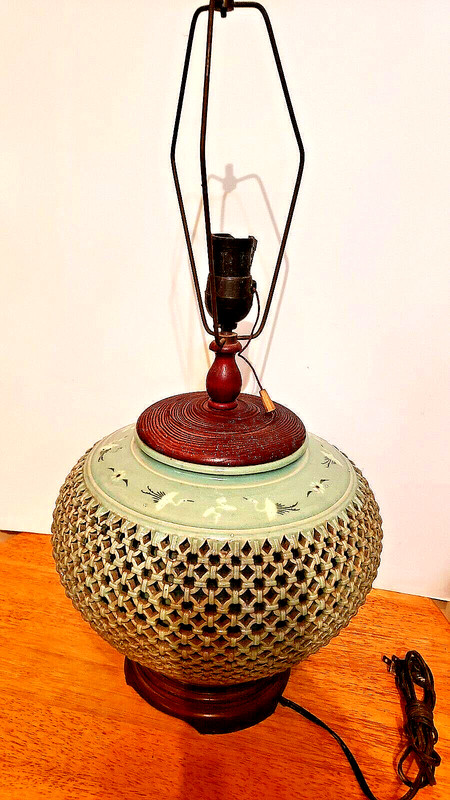 Antique Korean Celadon Lamp w/Flying Cranes Pierced Ceramic Asian Mid-Century