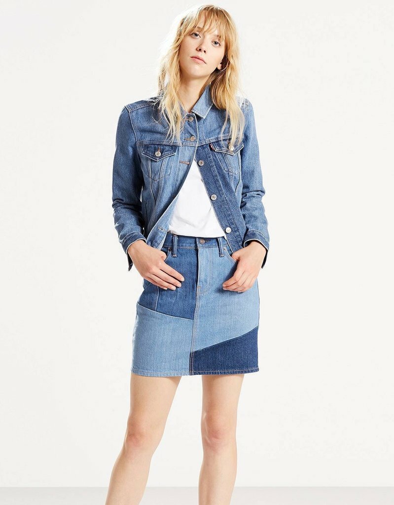 NEW LEVI'S EVERY DAY PATCHWORK JEAN DENIM MINI SKIRT PACIFIC 24