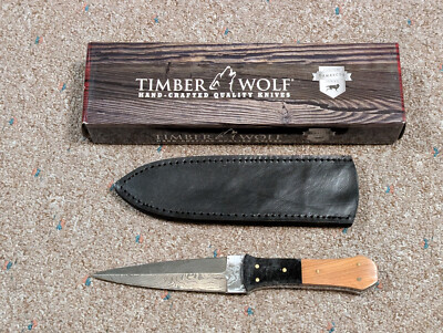 Timber Wolf Damascus Dagger, TW367, Fixed Blade w/ Belt Leather Sheath & Box