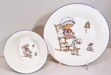 LENOX SPECIAL L86 PORCELAIN CHILD'S PLATE AND BOWL SET  GIRL IN ROCKING CHAIR