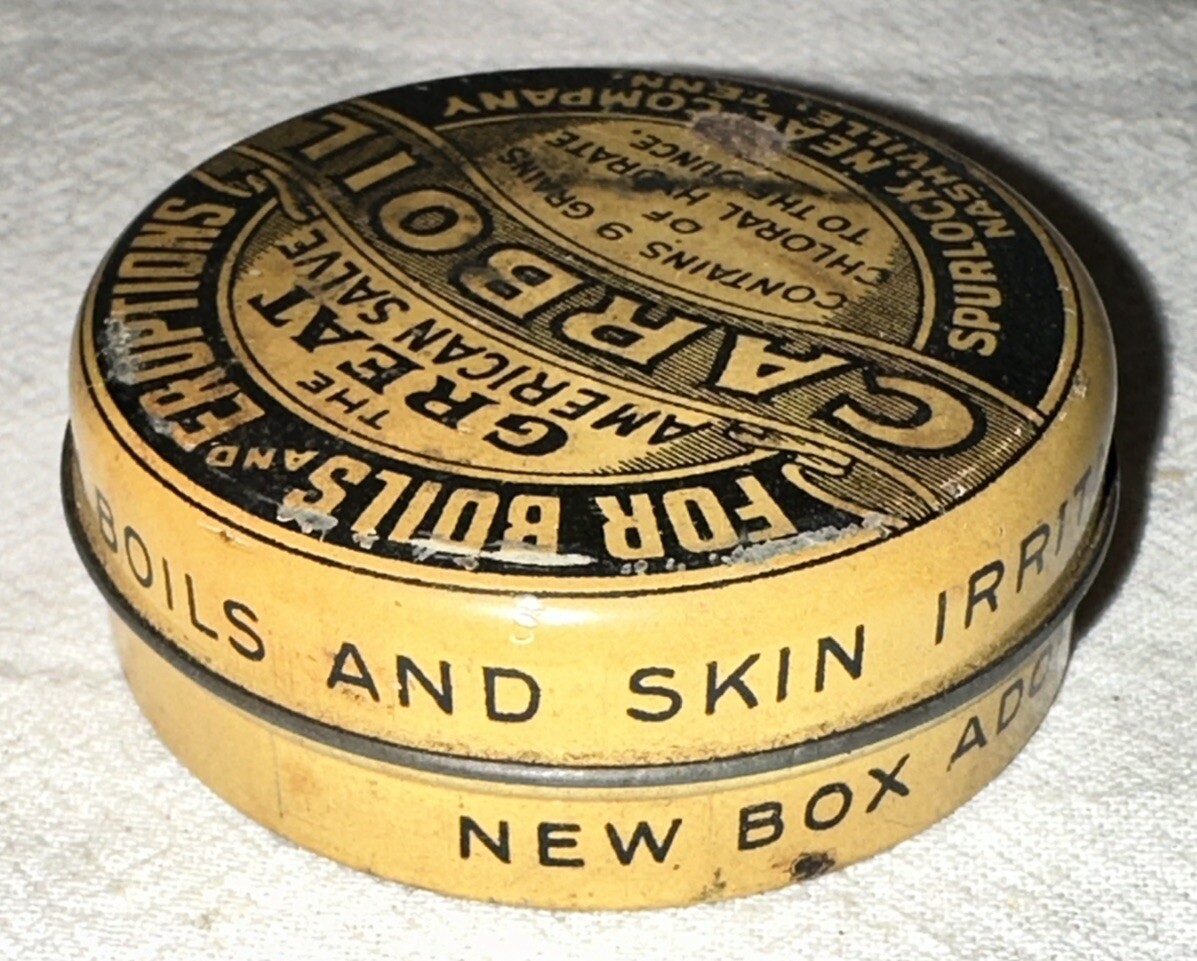 ANTIQUE CARBOIL TIN LITHO SALVE OINTMENT MEDICINE CAN FIRST AID