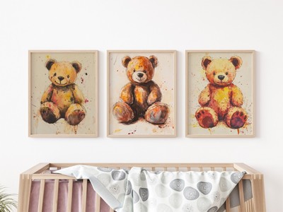 Entzückendes niedliches Teddybär-Set, Aquarell, Gemälde Druck 5''x7'' auf mattem Papier