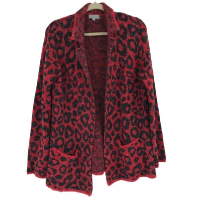 Joseph A Womens Red Black Long Sleeves Leopard Print Open Front Cardigan  small