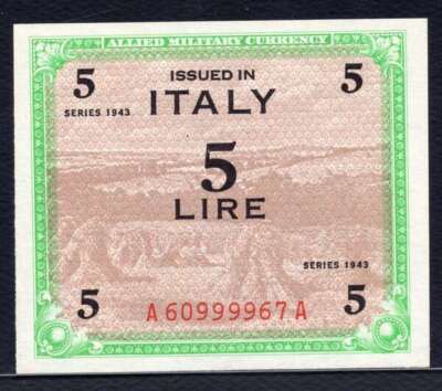 ITALY, P-M12a, 5 LIRA, 1943, AMC, UNC