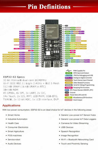 ESP32-S3 WIFI | BLE DevKitC-1 | 16MB Flash | 8MB PSRAM | TASMOTA 14.5 | 2xUSB-C - Bild 9 von 12