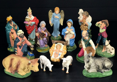 VTG ITALY 5'' PAPER MACHE NATIVITY 14PC HOLY FAMILY KINGS ANGEL SHEPHERD ANIMALS