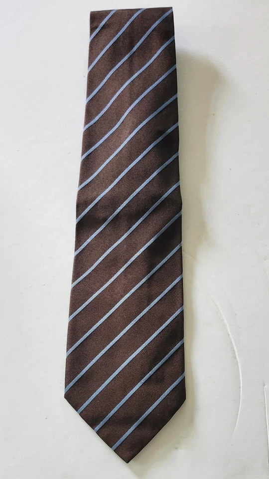 BOSS Neck Tie Mens Brown Blue Stripe Silk - Image 2 of 4