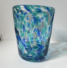 Blue Green White Speckled Art Glass Bowl, Round Handblown Style Glass