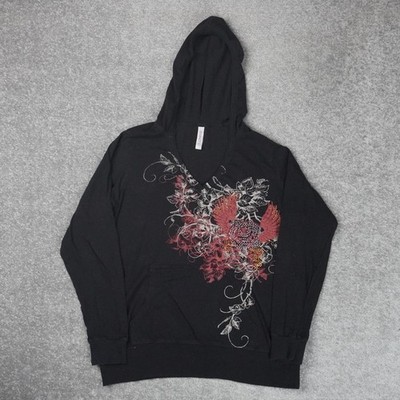 Vintage Gitano Y2K Roses Bedazzled Womens XL Black Long Sleeve Pullover Hoodie