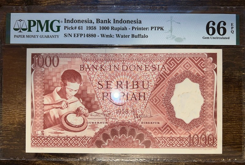 Indonesia 1000 Rupiah  1958 PMG 66 EPQ UNC P#61, Prefix EFP, Bank  Indonesia