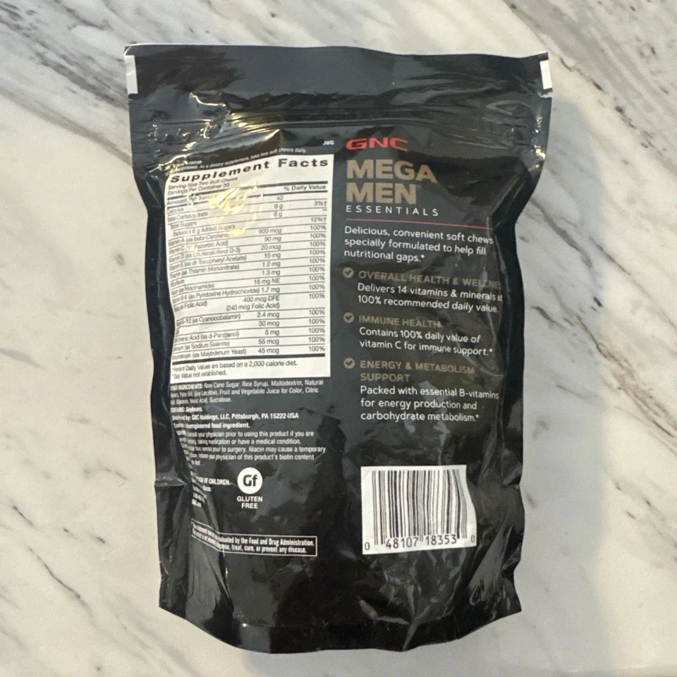 Exp 09/25 GNC Mega Hombres Masticable Suave Multivitamínico Metabolismo Energético 60 Ct Exp 09/25 Foto 3 de 3