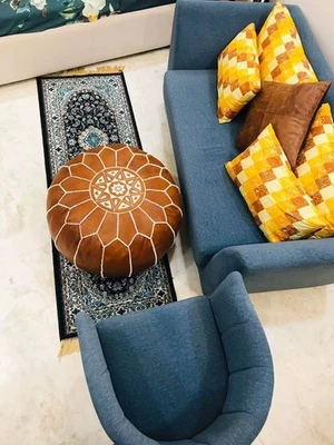Tabouret boho rond marron marocain pouf cuir ottoman non rembourré fait main - Photo 1/4
