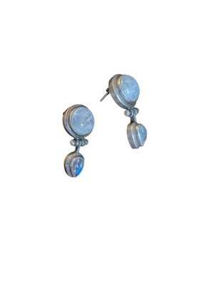 Sterling Silver Moonstone Dangle Earrings Double Drop Cabochon Blue Flash