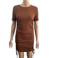 Zara Mini Dress Womens Large Ruched Brown Ribbed Stretch  