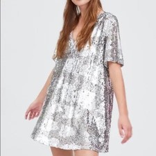 Zara TRF Silver Sequin V-Neck Mini Dress Short Sleeve Party Holiday Womens XS
