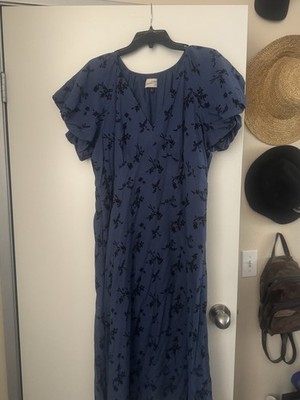Universal Thread Blue/Black Floral Maxi Dress XL V-Neck Puff Sleeve Pockets