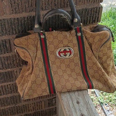 Gucci GG Pattern Satchel Top Handle Bag Web Stripe Zip Double Handles Silver