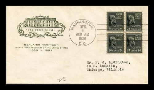 DR JIM STAMPS US COVER BENJAMIN HARRISON PRESIDENTIAL FDC SCOTT 828 BLOCK HF