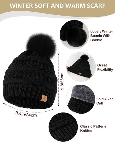 Winter Hat Gloves Scarf Set Women Fleece Lined Beanies Long Scarf Women Black - Picture 5 of 7