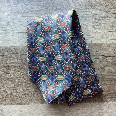 Vintage Conti Firenze 100% pure silk tie Tribal geometric pattern Brown Green