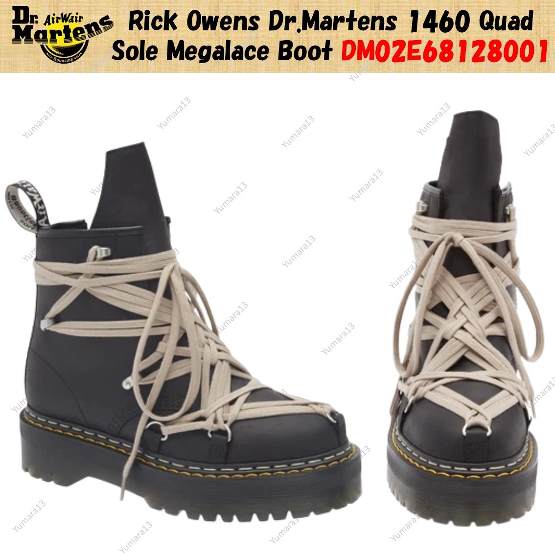 Rick Owens Dr.Martens 1460 Quad Sole Megalace Boot DM02E68128001 Men's Size