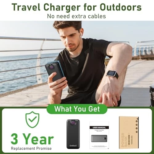 22.5W Max Power Bank with Built-in Cables 10000mAh Pearl Black Portable Charger