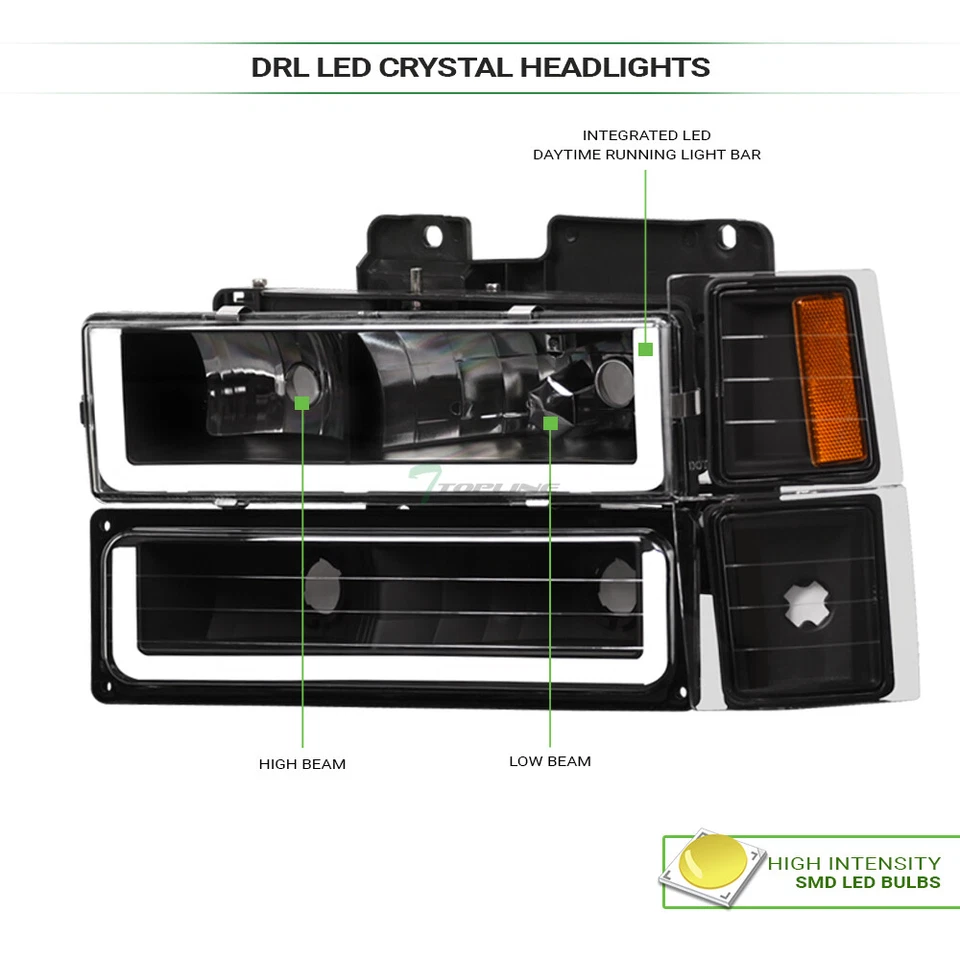 Topline For 1994-2000 Chevy C10 C/K LED Strip Headlights+Corner+Bumper Amber Blk Foto 3 de 4