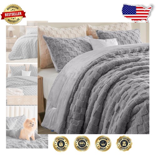 Luxurious Sherpa King Comforter Set – Super Soft Checkered Bedding in Light Grey