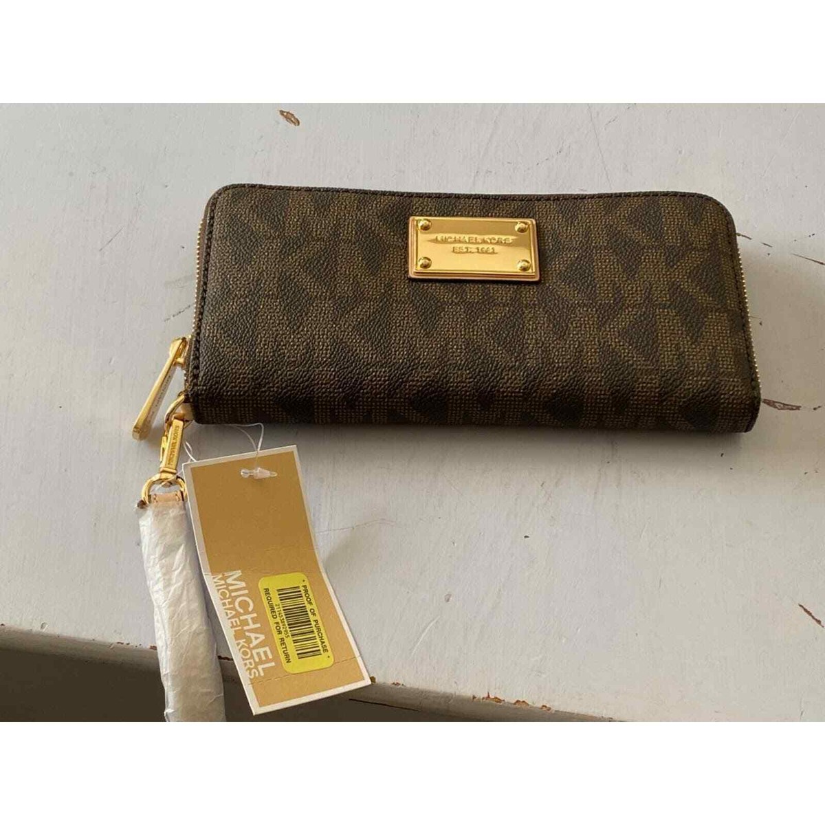 Michael Kors Women Wallet Iphone Continental MK Signature Print Canvas  Brown NWT