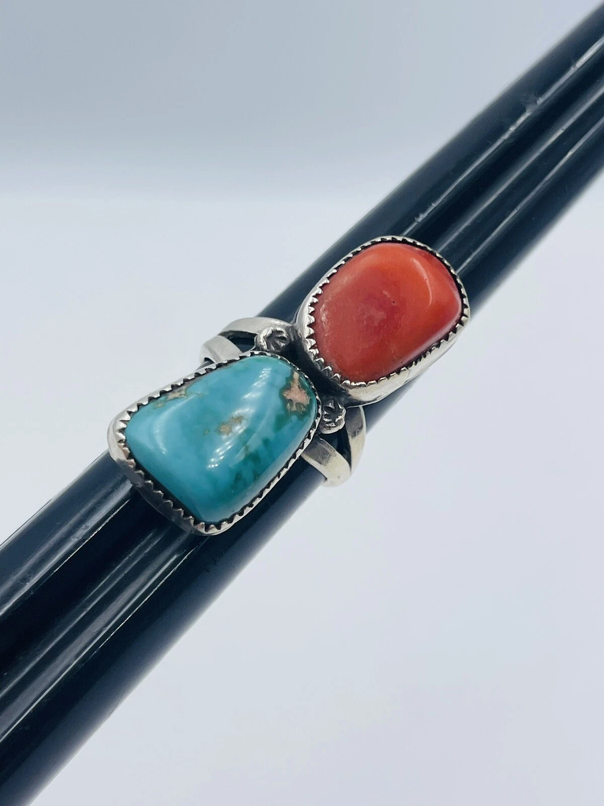 Vintage Navajo Sterling Silver Large Turquoise & Coral Ring Size 8